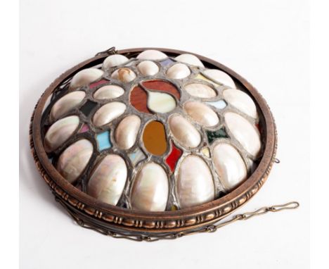 A pendant ceiling light, the shade of stained glass and mother-of-pearl shells, 31cm diameter CONDITION REPORT: One mother-of