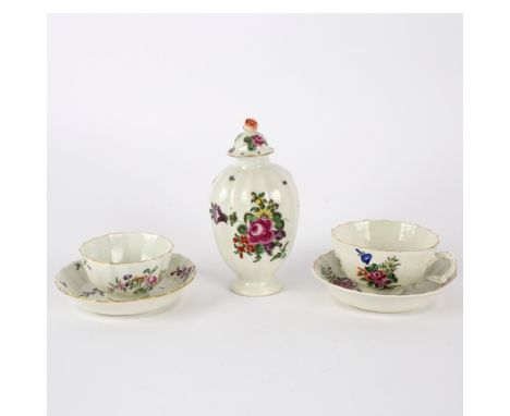 A Worcester fluted oviform tea caddy and cover, circa 1765, blue seal marks, painted with loose flower sprays; together with 
