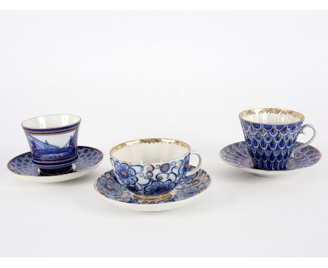 A group of Russian (Lomonosov Factory) blue and white teacups and saucers, 20th Century, printed marks, comprising, a peacock
