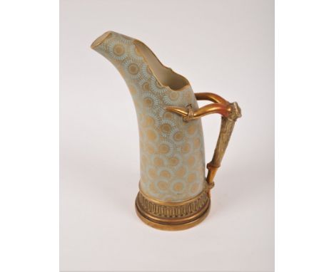 A Royal Worcester tusk jug, gilt with overlapping sunflower head motifs on a blue ground, 29cm high CONDITION REPORT: Overall