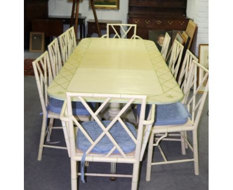 A green and cream painted dining room suite, comprising extending twin-pillar dining table, 315cm x 107cm, the border with st