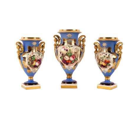 Three English porcelain blue ground oviform vases, painted with fruit and flowers, with gilt caryatid handles, circa 1820, th