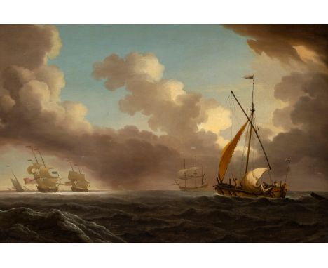 Peter Monamy (British 1681-1749)/Dutch Fisherman Reefing the Sails/a French Frigate and an English Squadron beyond/signed low