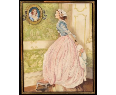 A silk needlework picture depicting a young lady viewing a portrait, 20cm x 15cm in a verre eglomisé  mount/Provenance: Frost