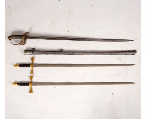 A ceremonial dress sword with pierced brass hilt and shagreen handle, the brass sheath for the same, 99cm long and two decora