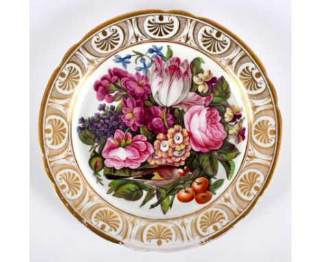 A Spode or Coalport cabinet plate painted a full bouquet of flowers and a chaffinch, within a gilt anthemion border, 21.5cm d