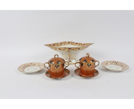 A pair of Chamberlains Worcester chocolate cups, covers and stands, a Derby comport and two saucers CONDITION REPORT: Comport