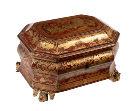 A Chinese export red lacquer tea caddy of canted rectangular shape, decorated birds in gilt and enclosing two pewter caddies,