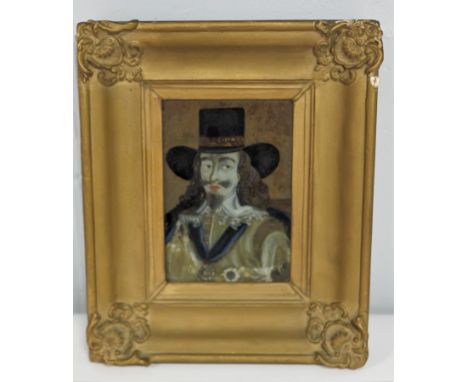 18th Century English School/Charles I/half-length portrait, wearing a black hat and white collar/painting on glass, 18cm x 12