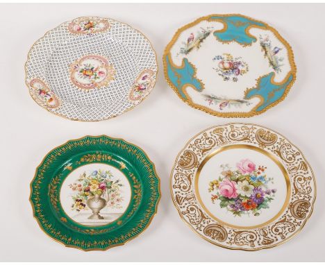 Four English porcelain plates, mid to late 19th Century, comprising an example painted with bouquets within scroll moulded ca