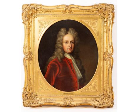 Follower of Sir Godfrey Kneller (1646-1723)/Portrait of a Gentleman/bust-length, wearing a red coat and white cravat/oval/oil