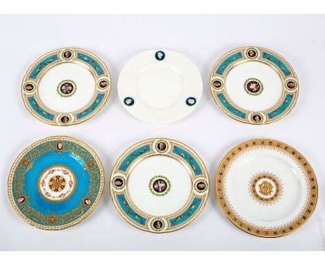 A set of three Minton turquoise ground cabinet plates with portrait medallions, another plate similar, a plate with three pât