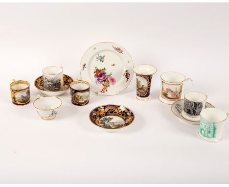 Two Derby cups and saucers, On the River Rhine and In Italy, a Derby spill vase, a Derby plate, a Flight, Barr & Barr tea cup