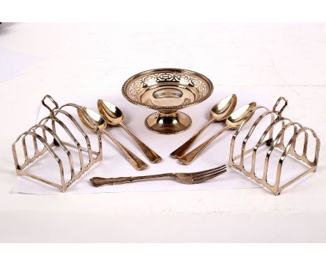 A pair of silver toast racks, D &amp; R, Birmingham 1929, 6.5cm long, a bonbon dish, Walker &amp; Hall, Sheffield 1920, 10.5c
