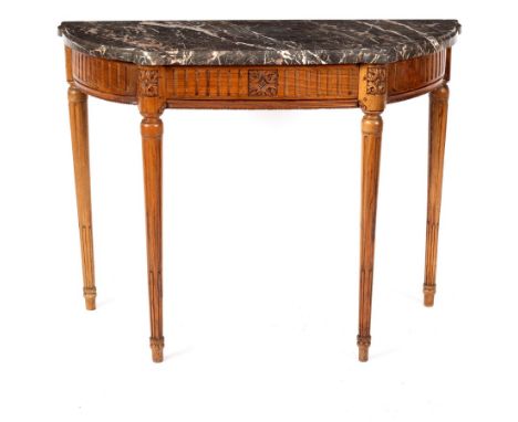 A Louis XVI provincial walnut console table, the veined grey marble top above a fluted frieze on stop fluted tapering legs, 9