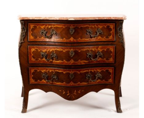 A Louis XVI style serpentine front marble top commode, inlaid floral and other marquetry, on square section cabriole legs, 10