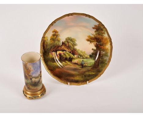 A Royal Worcester cylindrical vase painted sheep, signed H Davis, 15.5cm high and a Royal Worcester cabinet plate, painted wi