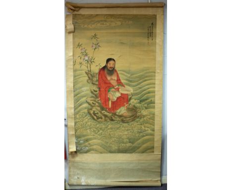 A Qing Chinese ancestral portrait of a kneeling sage wearing a red mandarin jacket, on linen, 157cm x 92cm, unframed CONDITIO