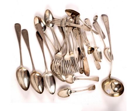 A quantity of silver flatware, various dates and makers, mostly bearing a crest, to include a ladle, TB, London 1809, four ol