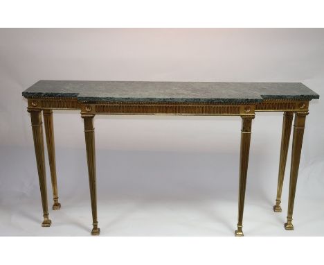 A Regency style console table, the green marble breakfront top above a gilt painted frame, the stop fluted frieze on square t