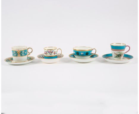 A group of English porcelain turquoise ground cabinet cups, comprising a Minton example decorated in the style of Dr Christop