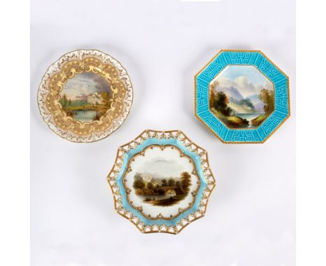 A Copeland turquoise ground octagonal plate, circa 1880, printed green mark, painted with fishermen in a rural landscape, the