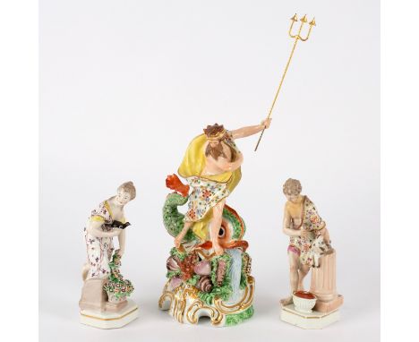 A Derby figure of Neptune, circa 1775, incised no. 299/2, atop a scroll base, beside a dolphin, with replacement trident, 21c
