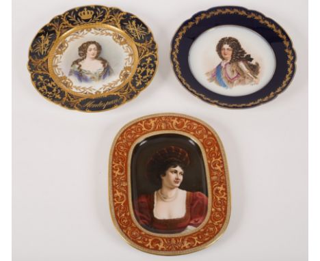 Two Sèvres style plates, painted portraits of Louis XIV and Countess Montespan and a Dresden decorated plate with portrait of