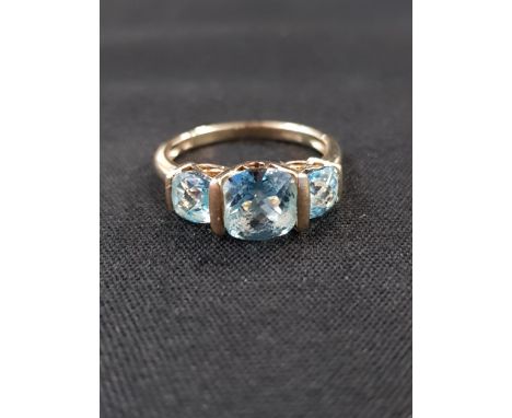 9 CARAT GOLD 3 STONE BLUE TOPAZ RING 