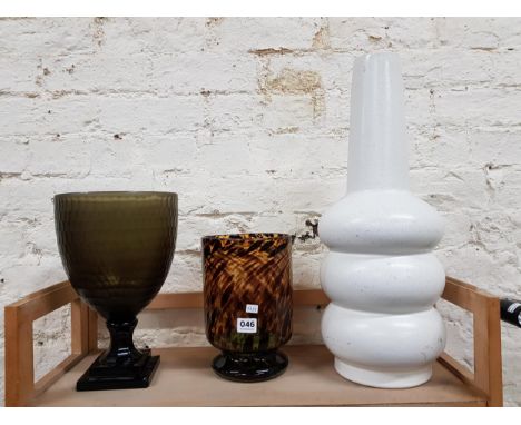 2 GLASS VASES AND CERAMIC VASE 