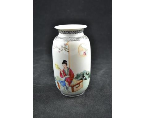 A Chinese Republic vase decorated in famille rose colours, interior scene with lady, calligraphy and seal marks to reverse, r