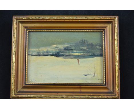Arthur K Maderson (British/Irish b.1942) - snowy landscape with hill beyond - 12x17cm oil on board, signed bottom left, dated