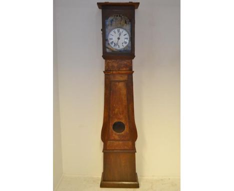 A 19th Century French longcase clock, circular enamel dial surmounted by embossed metal religious scene, chestnut case with b