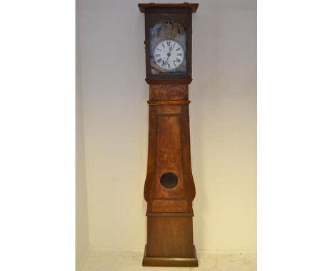 A 19th Century French longcase clock, circular enamel dial surmounted by embossed metal religious scene, chestnut case with b