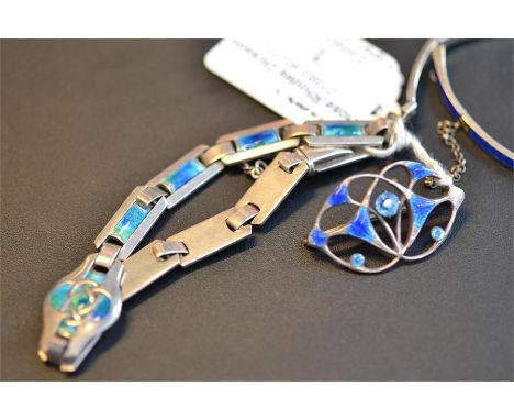 A Norwegian silver and blue enamel bracelet with rectangular links, Marius Hammer - length 17cms, a silver and blue enamel br