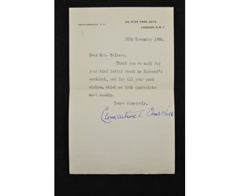 A signed letter from Clementine S Churchill, written on headed notepaper inscribed '28, Hyde Park Gate, London SW7', dated 26