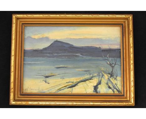 Arthur K Maderson (British/Irish b.1942) - landscape with lake and mountain - 12x17cm oil on board, signed bottom left and da