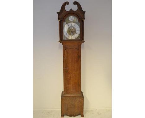 A late 18th/early 19th Century oak longcase clock, swan neck pediment, replacement arched brass dial, eight day movement - H2