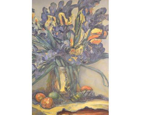 James Arundel(?) (1875-1960) - "Flower Study No 2", irises in vase - 75x59cm oil on board, unsigned, brown painted frame, bea