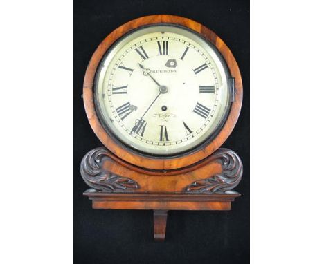 A 19th Century mahogany cased wall clock, painted dial inscribed 'Freebody Ryde', single fusee movement, carved acanthus deco