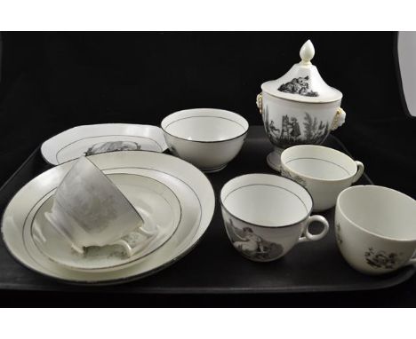 A collection of seventeen pieces of black transfer printed late 18th/early 19th Century porcelain, some New Hall, including l