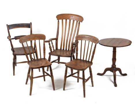 A collection of furniture To include an Oxford carver with an elm seat, 52cm wide x 89cm high; a lath-back armchair with an e