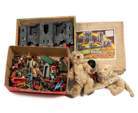 A collection of toys and teddys A tri-ang fort, a mid-twentieth-century teddy bear, a plush lion, a doll and a collection of 