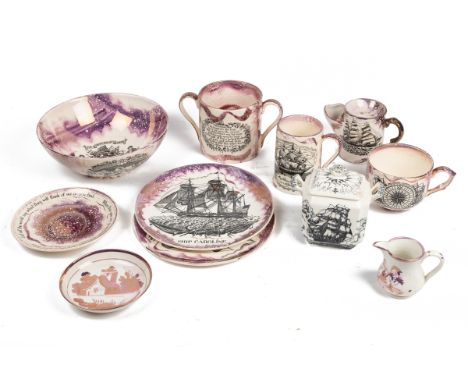 A collection of 20th century Sunderland lustreware To include a Ship Sally loving cup and a Ship Sally plate; together with a