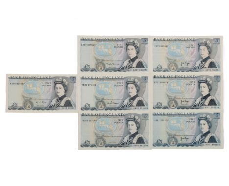 A group of seven Gill, Somerset, and Page £5 banknotes To include LZ27 527347, with a thin security thread; a further note 19