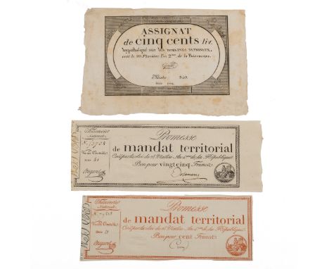 French revolution period 500 Livres together with two “promesse de Mandat territorial” The first note c1794 and from series 1