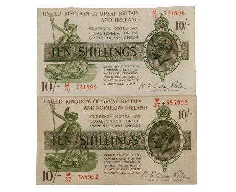 Two 10 shilling Treasury banknotes Both signed Warren-Fisher. The first a second issue 1922 M707 21896, and the second for Gr