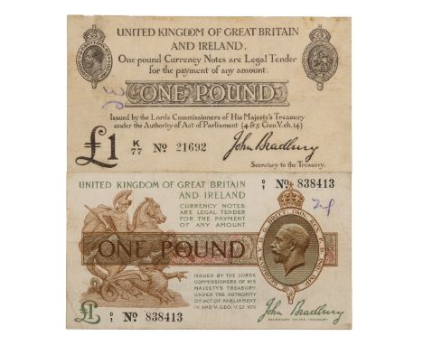 Two Bradbury £1 banknotes The first K77 21692; the second C1 838413