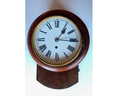 A Victorian mahogany-framed drop dial wall clock, with painted face (20 cm diameter) Roman numerals and fusee single train mo