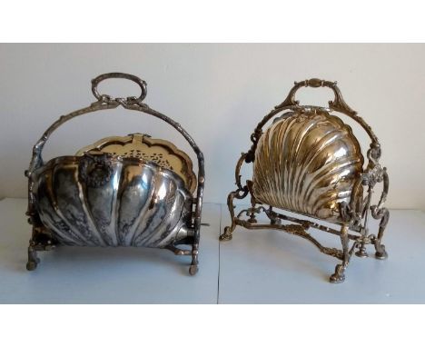 Two Victorian silver plated folding food warmers in the form of scallop shells, one stamped Walker &amp; Hall (hinge needs at